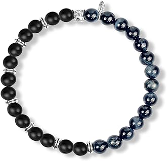 KARMA AND LUCK - Balanced Perspective - Men's Real Matte Onyx Blue Tiger's Eye 925 Sterling Silver Beaded Stretch 7" Bracelet Handmade in Bali To Help You Release Your Fears