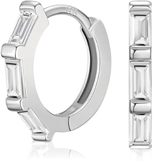 SWEETV 14K Gold Plated Baguette Hoop Earrings Sterling Silver Post Cubic Zirconia Huggie Hoop Earrings for Women Girls