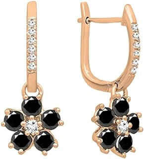 1 Carat Diamond and Black Diamond Drop Earrings with Hinged Notch Post Back Finding for Ladies, Round Blue Sapphire and Rose Gold Cluster Flower Design