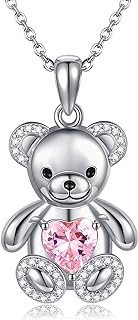 URONE Women's Sterling Silver Teddy Bear Pendant Necklace with Cable Chain and Cubic Zirconia Accents