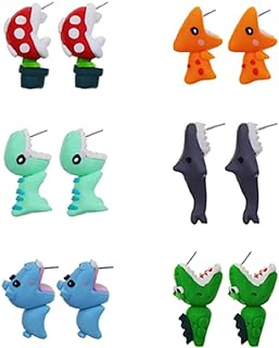 6 Pairs Cute Animal Bite Earring Handmade Alloy Clay Stud Earrings 3D Cartoon Dinosaur Shark Animal Stud Earring for Kids Girls Women