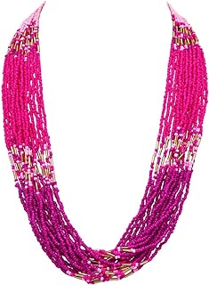 Rosemarie & Jubalee Women's Vibrant Pink Ombre Seed Bead Statement Bohemian Multi-Strand Gold Tone Necklace, 24"+3" Extender