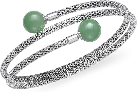 Sterling Silver Natural Jade Mesh Link Bangle Bracelet