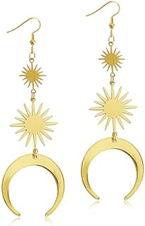 Gothic Bohemian Gold Sun and Moon Dangle Drop Earrings, Crescent Moon Star Pendant, Celestial Earrings for Women girls Statement Jewelry Gift