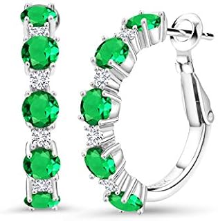 Gem Stone King 925 Sterling Silver Green Nano Emerald and White Lab Grown Diamond Hoop Earrings For Women (3.30 Cttw, Round 4MM and 1.9MM, Gemstone Birthstone 1 Inch Diameter)