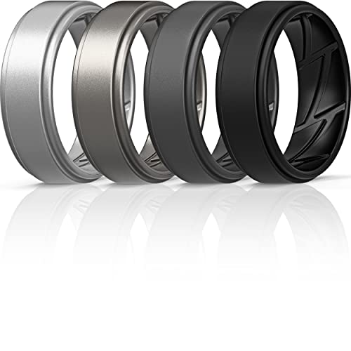 ThunderFit Silicone Wedding Rings for Men Breathable Airflow Inner Grooves - Step Edge Sleek Design Breathable Rubber Engagement Bands - 8mm wide - 2mm Thick