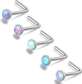 ZS 5 Pieces Opal Nose Studs 20 Gauge Nose Pin Blue Nose Piercing Stud Stainless Steel Nose Stud Retainer L-Shape