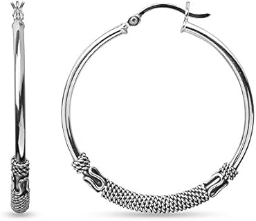 LeCalla MEDIUM LARGE 925 Sterling Silver Jewelry Light-Weight Antique Balinese Click-Top Hoop Earrings for Women 38mm