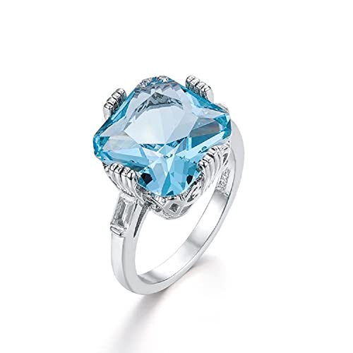 KOICCVQQ Vintage Fashion Women 925 Sterling Silver Cut Aquamarine Cubic Zircon Blue Topaz Four Claw Engagement Wedding Ring Cocktail Knuckle Stacking Finger Rings (Size 9)