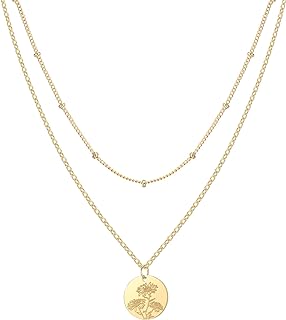 Set of 2 Layered Necklaces, Satellite Chain, Gold Birth Flower Necklace, Coin Pendant Necklace, Birthday Gifts