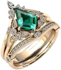 Vintage Kite Shaped 2 CT Emerald Engagement Ring Stacked in Sterling Silver, Size 8 for Women