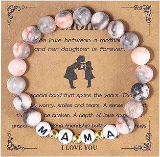 COLORFUL BLING 8mm Natural Stone MAMA Brass Beaded Stretch Adjustable Bracelet With Meaningful Card Inspirational Mother’s Day Love for Women Anniversary Infinity Matching