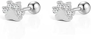 18g Mini Paw Print CZ Stud Earrings Sterling Silver Cartilage Tiny Ball Screw Back Small Studs Hypoallergenic Tragus Helix Cute Puppy Animals Dainty Sleeper Stud Earrings for Women Girls Daughter Pet Lovers