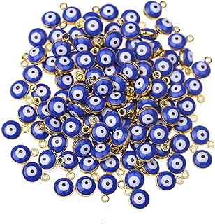 HERZWILD 50Pcs Blue Evil Eye Bead Necklace Kit in Resin and Metal - Round Design Beads for DIY Craft, Bracelet, Earring and Necklace Creation