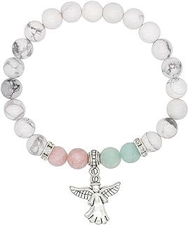 Guardian Angel Charm Bracelet - White Turquoise Beaded Stretch Bracelet - Faith, Protection, Inspirational Gift for Women Girls