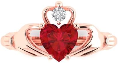 18K Rose Gold Heart-Shaped Simulated Ruby Claddagh Engagement Ring - Personalized Engraving, Size 3.5, Ruby Love Token for Her