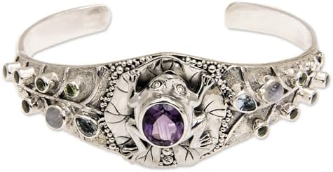 Handcrafted Bali Orchid & Frog Themed Sterling Silver Cuff Bracelet with Amethyst, Peridot, Moonstone, Blue Topaz Gemstones - No Clasp Design