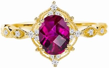 10K/14K/18K Solid Gold, Emerald Engagement Rings with Created Ruby Gem for Women, Art Deco Vintage Oval Cut Design, Sizes 4-12