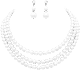 Rosemarie Collections Women's Multi Strand Classic 8mm Faux Pearl Necklace and Earrings Jewelry Set, 16"+3" Extender
