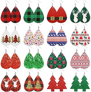 Delightful Christmas Faux Leather Dangle Earrings with French Wire for Women, Teardrop & Petal Shape, Xmas Design - 16 Pair Set