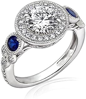Amazon Collection Platinum-Plated Sterling Silver Infinite Elements Cubic Zirconia Antique Round-Cut and Created Sapphire Ring