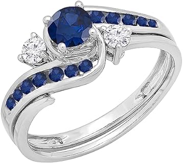 Dazzlingrock Collection 10K Blue Sapphire And White Diamond Swirl Bridal Engagement Ring Set, White Gold