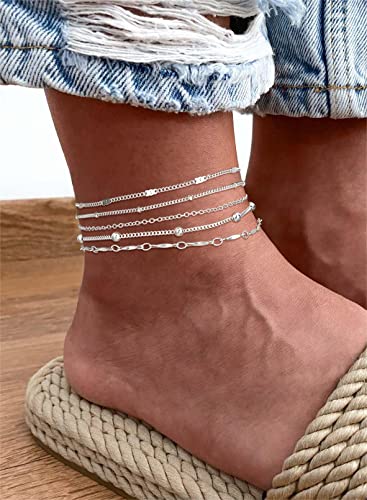 Foxgirl Gold Ankle Bracelets for Women,14k Gold Plated/Silver Anklets for Women Waterproof Layered CZ Leaf Beaded Cuban Chain Anklets Set Summer Beach Anklets for Women Teen Girls Gold Jewelry Gifts