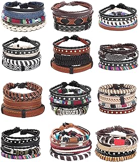 ORAZIO 33-36Pcs Ethnic Tribal Boho Braided Leather and Wood Bead Bracelets Set for Men & Women, Handmade, Adjustable, Buckle Clasp
