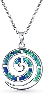 Blue Opal Spiral Pendant Necklace for Women, Girlfriends, .925 Sterling Silver with Rolo Chain and Spring Ring Clasp, Rhodium-Plated Silver Metal, 16" Length