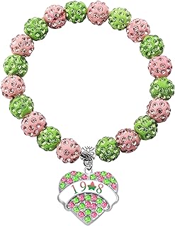 Kappa Alpha Psi Pink and Green Bead Bracelet with Lobster Claw Clasp, Alloy Crystal Beads and Heart Charm for Women - Perfect Greek Sorority Gift