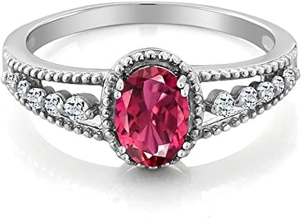 Gem Stone King 925 Sterling Silver Pink Tourmaline and White Topaz Engagement Ring For Women (0.91 Cttw, Oval 7X5MM, Gemstone Birthstone, Available In Size 5, 6, 7, 8, 9)
