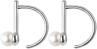 Reffeer Solid 925 Sterling Silver Pearl Half Hoop Earrings for Women Teen Girls Bar Hoop Earrings Open Small Huggie Earrings