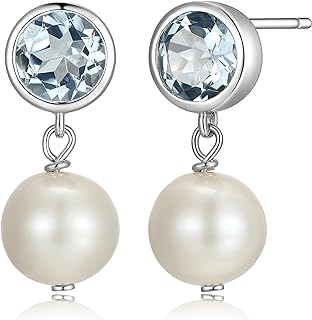 Rhodium-plated Silver White Freshwater Pearl & Topaz Drop Earrings with Push Back for Women by Morgan & Paige
