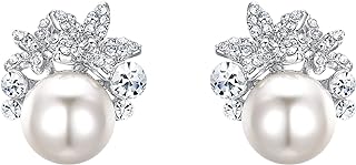 EVER FAITH Wedding Stud Pierced Earrings for Bride Bridesmaids, Crystal Simulated Pearl Vintage Stunning Bridal Floral Leaf Great Gatsby Jewelry for Prom