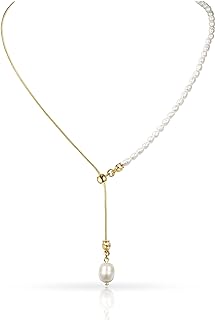 Cowlyn Elegance - 14K Gold Plated Link Chain Lariat Necklace with Hypoallergenic Pearl Pendant for Women - Classic Y-Shaped Design