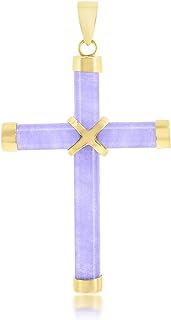 14k Gold Natural Green and Lavender Jade Cross Pendant Necklace For Women - Unique Christian Gemstone Jewelry with Healing Properties