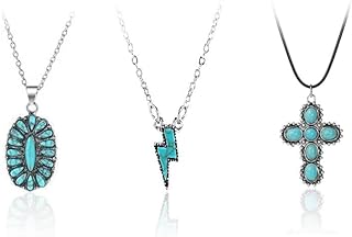 COLORFUL BLING 1-3PCS Natural Turquoise Cross Cattle Cow Tag Lightning Necklace Vintage Western Cowgirl Cowboy Statement Pendant Necklace Boho Hippie Jewelry for Women Girls