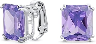 Traditional Classic Large Statement 7CT Emerald Cut AAA CZ Solitaire Clip On Stud Earrings For Women Silver Plated Non Pierced Simulated Gemstone Jewel Colors 14MM