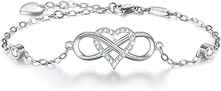 Ankle Charm Bracelet with Lobster Claw Clasp and Cable Chain in 925 Sterling Silver, Pink Cubic Zirconia Gemstone, Infinity Heart Design for Women, Wife, Girlfriend, Mom