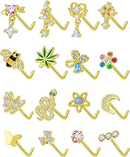 Tornito 16Pcs Nose Stud Ring L Shaped Nose Ring Heart Moon Bee Snake Leaf CZ Nose Studs Body Piercing Jewelry for Women Men 20G Silver Gold Tone
