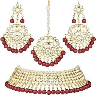 Faux Kundan Beaded Necklace Earrings & Maang Tikka Indian Bollywood Ethnic Jewelry Set For Women