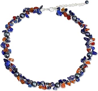 NOVICA Handmade Cultured Freshwater Pearl Lapis Lazuli Beaded Choker Carnelian Necklace .925 Sterling Silver Plated Brass Multigem Blue Multicolor White Thailand Snorkel Birthstone 'Luscious Chic'