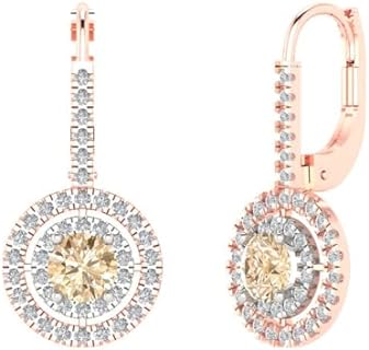 2.40 ct Round Cut Double Halo Solitaire Genuine Natural Morganite pair of Lever back Drop Dangle Earrings 14k 2 tone Gold