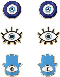 Push-Back Clasp, Glass Crystal, Evil Eye Design Stud Earrings by Rosemarie & Jubalee for Women, Protective Talisman Hamsa Design in Enamel and Zinc, Set of 3