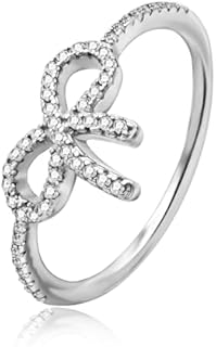 925 Sterling Silver Rhinestone Bow Engagement Ring for Women and Girls, Cubic Zirconia Adorned Ribbon Design, Size 6 to 8
