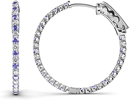 Exquisite 14K White Gold Tanzanite & Natural Diamond Inside-Out Hoop Earrings with Prong Setting, Proudly Made in USA