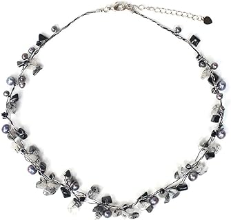 NOVICA Artisan Handmade Cultured Freshwater Pearl Tourmalinated Quartz Beaded Necklace from Thailand Silk Brass Silver Plated Dyed Glass 'River of Night'