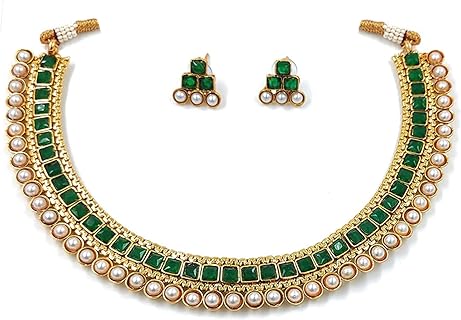 Green Beads Bollywood Fashion Necklace with Lobster Clasp and Matching Earrings for Women - Traditional Indian Design