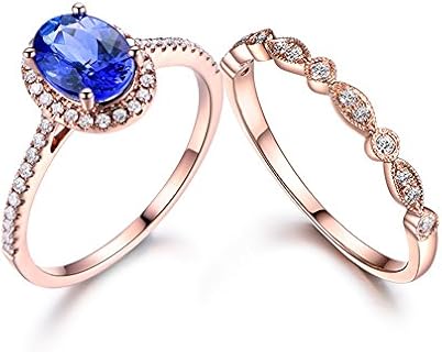 2pcs Blue Tanzanite Engagement Ring Set,6x8mm Oval Ball Prong HALO,Vintage Diamond Bridal Matching Band