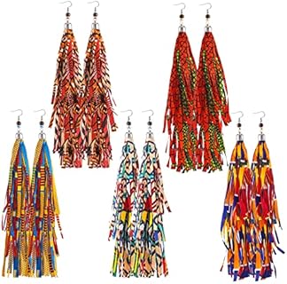 5-Pair Set of Elegant African Fabric Tassel Hoop Earrings with French Wire Back Finding Design for Women